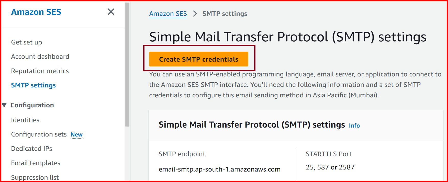 Picture showing the button for creating the SMTP credentials